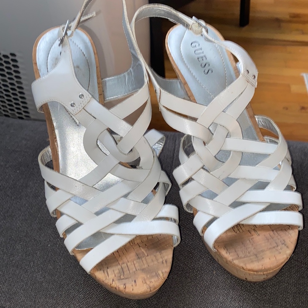 GUESS White Criss-Cross Cork Platform Wedges Size 10